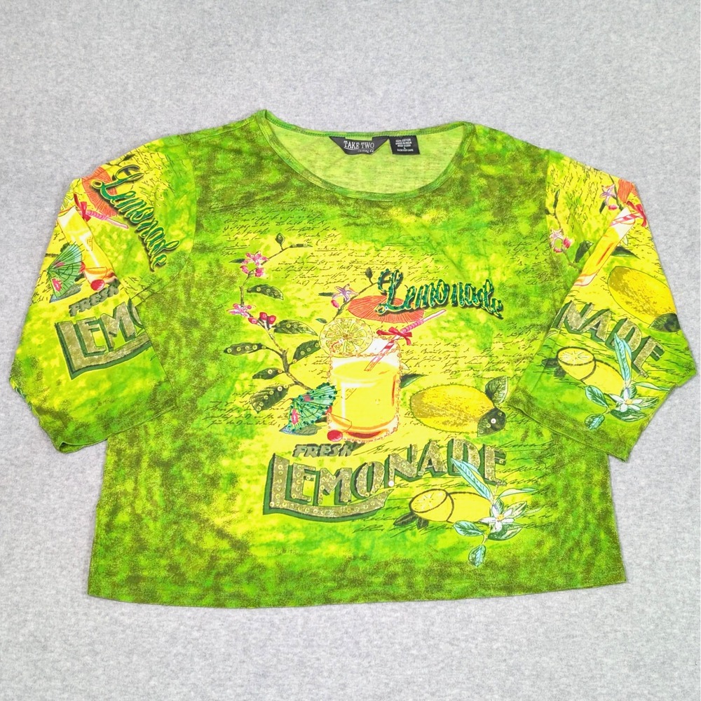 Y2K Take Two Womens 3/4 Sleeve Top Size Large Lemonade Graphic Print Sequin